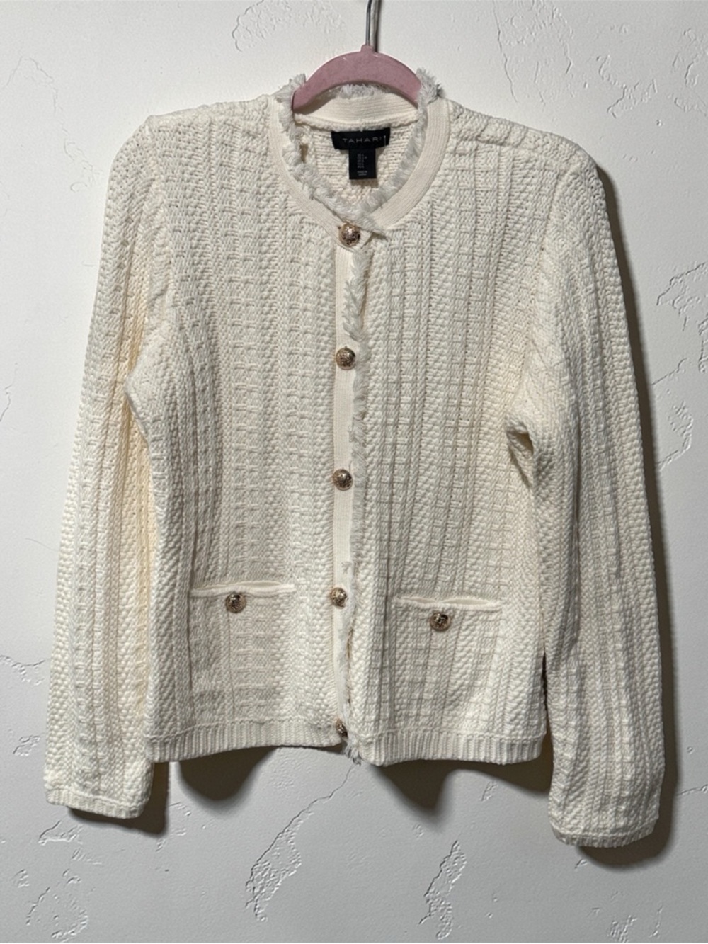 NEW Tahari Cream Cable-Knit CARDIGAN with Frayed Trim, s L